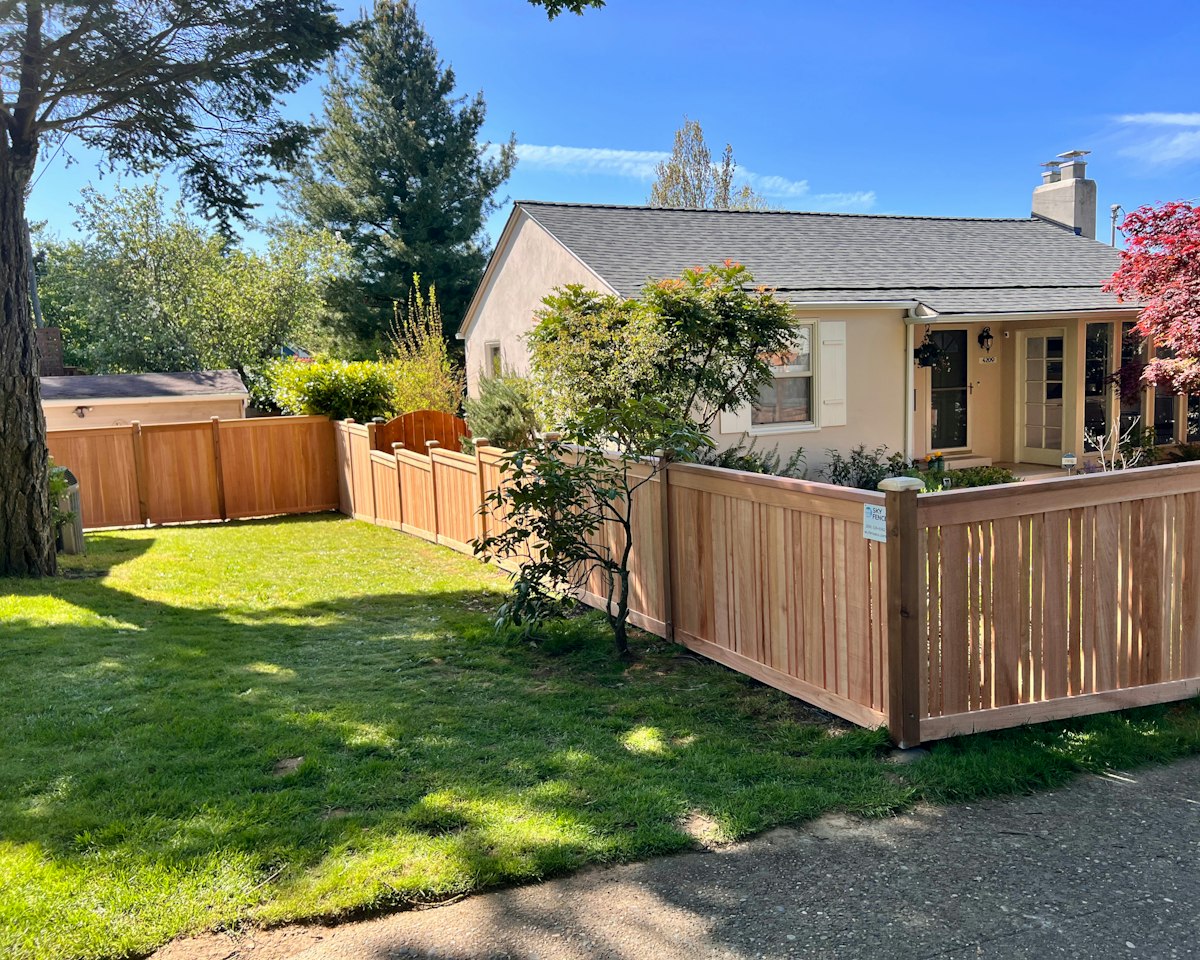 A new wooden fence around a green backyard